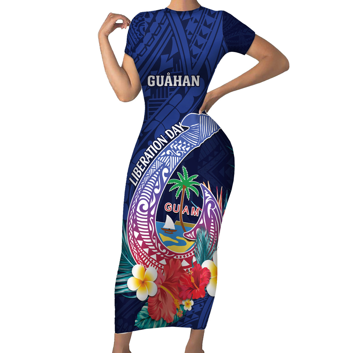 Personalised Guam Liberation Day Family Matching Short Sleeve Bodycon Dress and Hawaiian Shirt Happy 80th Anniversary Fish Hook Mix Tropical Flowers LT14 Mom's Dress Blue - Polynesian Pride