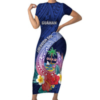 Personalised Guam Liberation Day Family Matching Short Sleeve Bodycon Dress and Hawaiian Shirt Happy 80th Anniversary Fish Hook Mix Tropical Flowers LT14 Mom's Dress Blue - Polynesian Pride