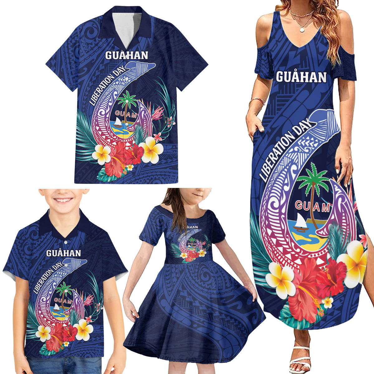 Personalised Guam Liberation Day Family Matching Summer Maxi Dress and Hawaiian Shirt Happy 80th Anniversary Fish Hook Mix Tropical Flowers LT14 - Polynesian Pride