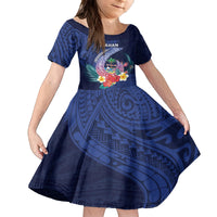 Personalised Guam Liberation Day Family Matching Tank Maxi Dress and Hawaiian Shirt Happy 80th Anniversary Fish Hook Mix Tropical Flowers LT14 Daughter's Dress Blue - Polynesian Pride