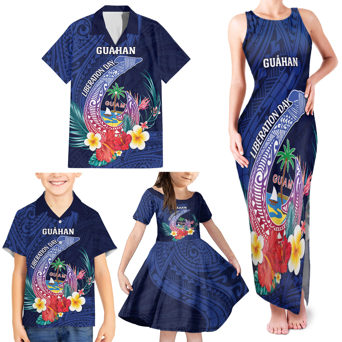 Personalised Guam Liberation Day Family Matching Tank Maxi Dress and Hawaiian Shirt Happy 80th Anniversary Fish Hook Mix Tropical Flowers LT14 - Polynesian Pride