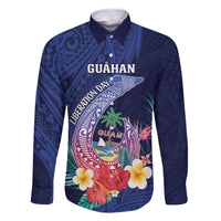 Personalised Guam Liberation Day Family Matching Tank Maxi Dress and Hawaiian Shirt Happy 80th Anniversary Fish Hook Mix Tropical Flowers LT14 Dad's Shirt - Long Sleeve Blue - Polynesian Pride