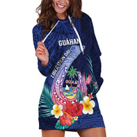 Personalised Guam Liberation Day Hoodie Dress Happy 80th Anniversary Fish Hook Mix Tropical Flowers LT14 Blue - Polynesian Pride