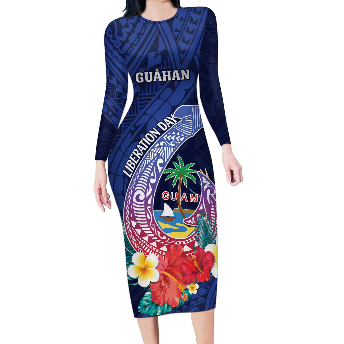 Personalised Guam Liberation Day Long Sleeve Bodycon Dress Happy 80th Anniversary Fish Hook Mix Tropical Flowers LT14 Long Dress Blue - Polynesian Pride