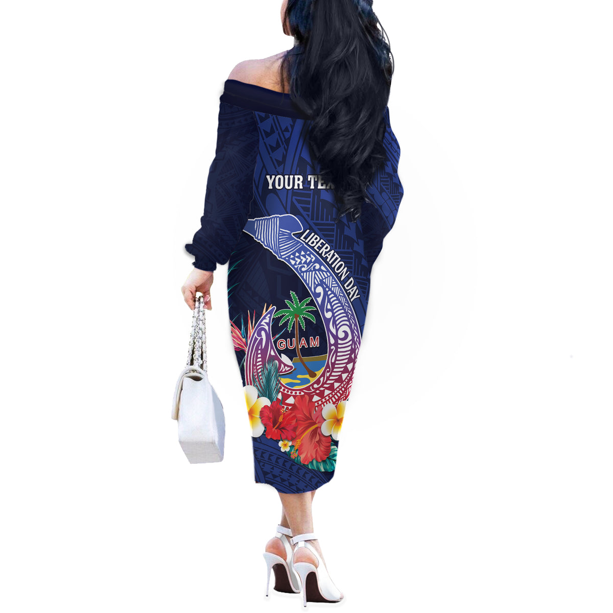 Personalised Guam Liberation Day Off The Shoulder Long Sleeve Dress Happy 80th Anniversary Fish Hook Mix Tropical Flowers LT14 - Polynesian Pride