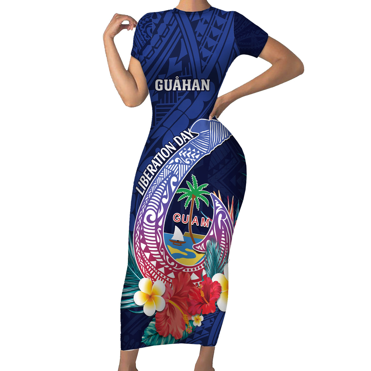 Personalised Guam Liberation Day Short Sleeve Bodycon Dress Happy 80th Anniversary Fish Hook Mix Tropical Flowers LT14 Long Dress Blue - Polynesian Pride
