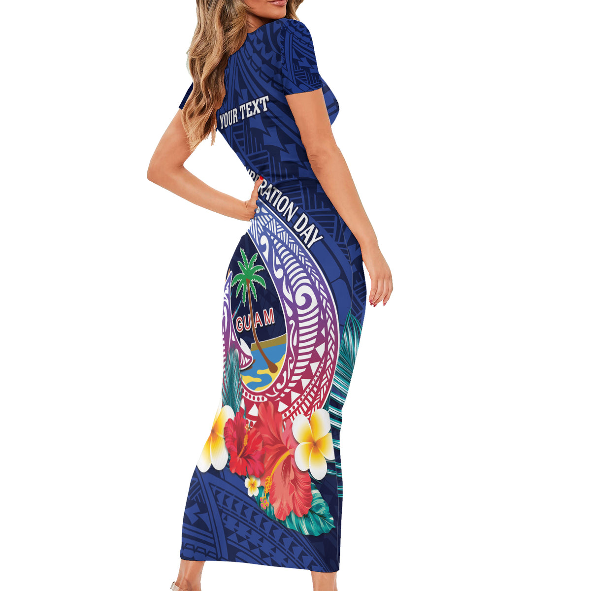 Personalised Guam Liberation Day Short Sleeve Bodycon Dress Happy 80th Anniversary Fish Hook Mix Tropical Flowers LT14 - Polynesian Pride