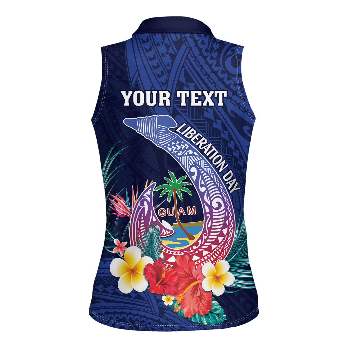 Personalised Guam Liberation Day Women Sleeveless Polo Shirt Happy 80th Anniversary Fish Hook Mix Tropical Flowers LT14 - Polynesian Pride