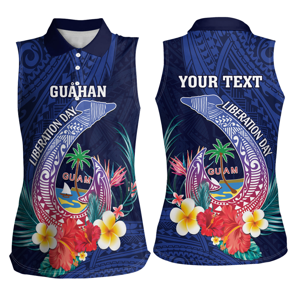Personalised Guam Liberation Day Women Sleeveless Polo Shirt Happy 80th Anniversary Fish Hook Mix Tropical Flowers LT14 - Polynesian Pride