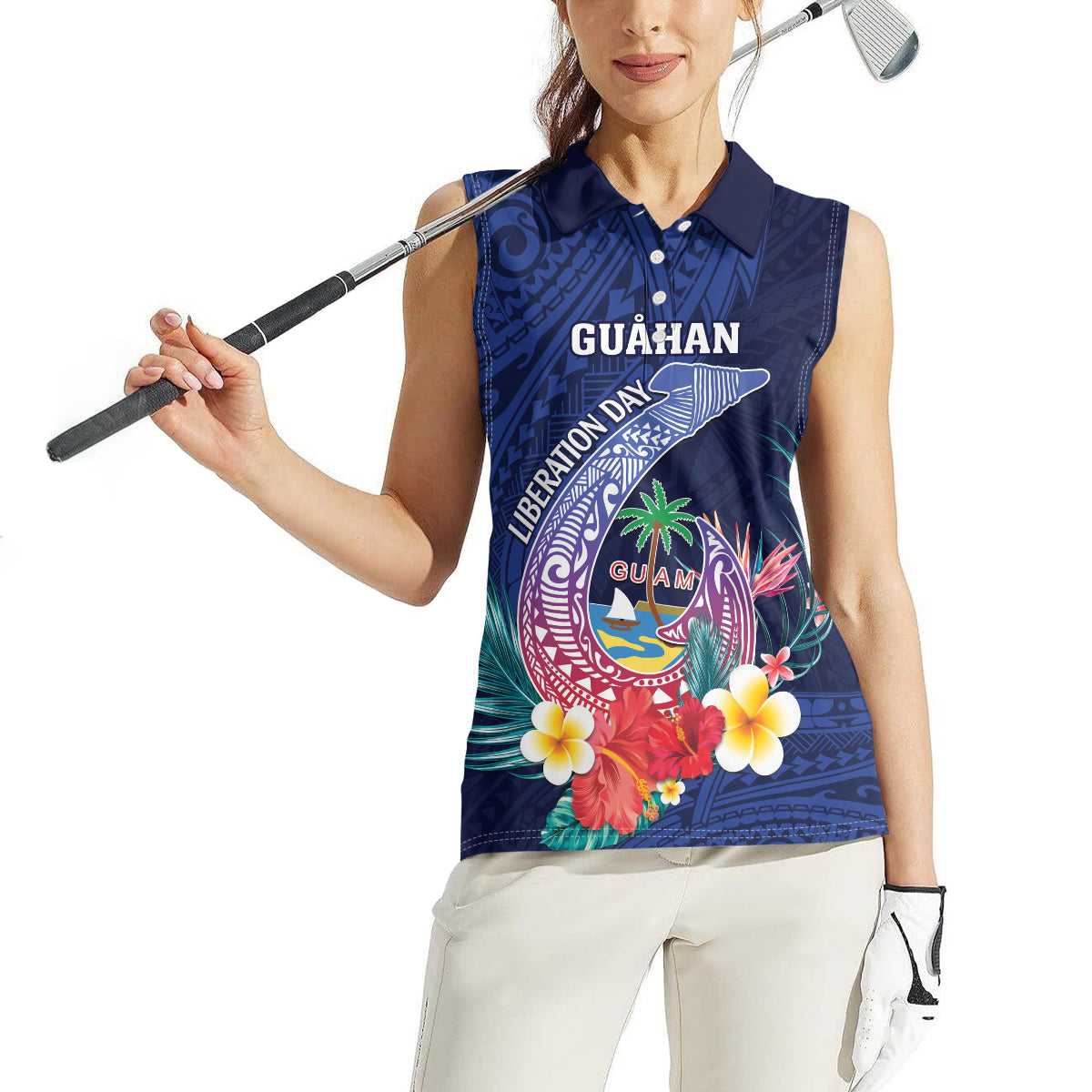 Personalised Guam Liberation Day Women Sleeveless Polo Shirt Happy 80th Anniversary Fish Hook Mix Tropical Flowers LT14 - Polynesian Pride