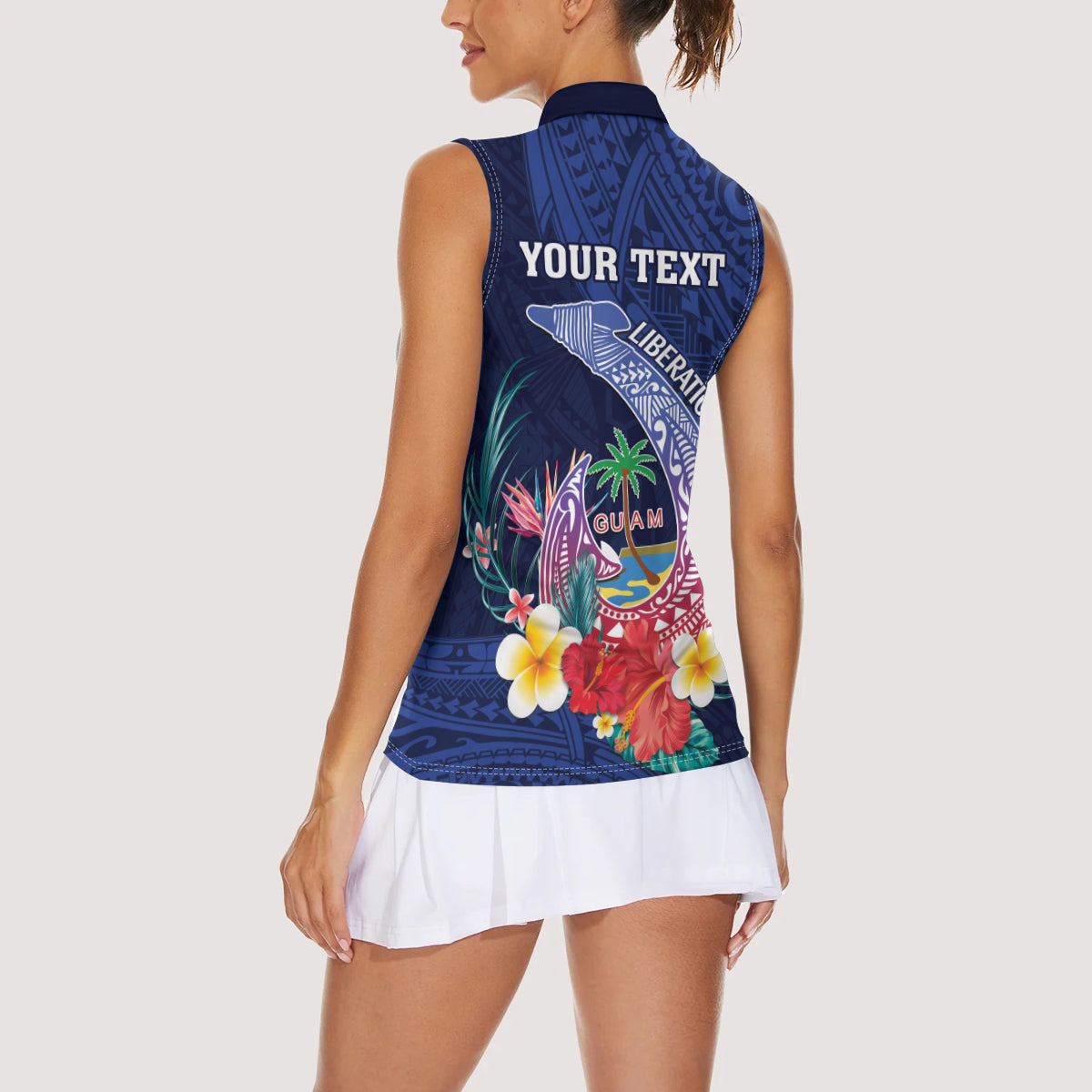 Personalised Guam Liberation Day Women Sleeveless Polo Shirt Happy 80th Anniversary Fish Hook Mix Tropical Flowers LT14 - Polynesian Pride