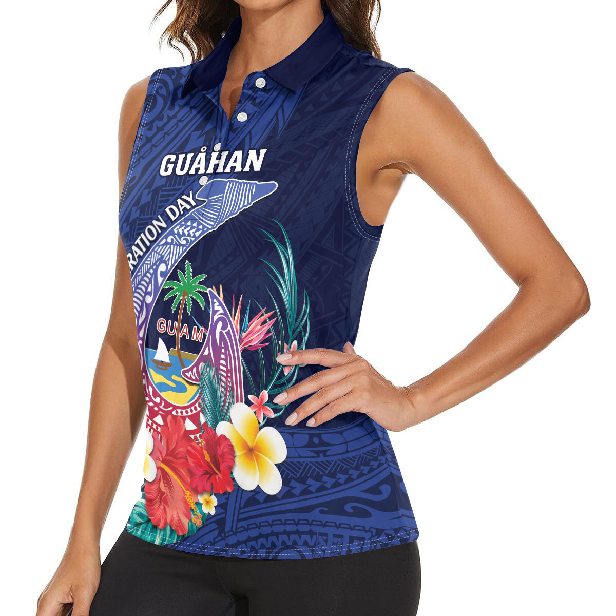 Personalised Guam Liberation Day Women Sleeveless Polo Shirt Happy 80th Anniversary Fish Hook Mix Tropical Flowers LT14 - Polynesian Pride