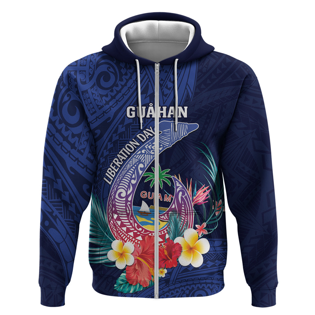 Personalised Guam Liberation Day Zip Hoodie Happy 80th Anniversary Fish Hook Mix Tropical Flowers LT14 Zip Hoodie Blue - Polynesian Pride