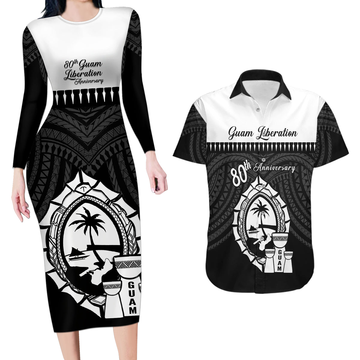 Guam Liberation Day Couples Matching Long Sleeve Bodycon Dress and Hawaiian Shirt Biba Guahan Chamorro 80th Anniversary - Black LT14 Black - Polynesian Pride