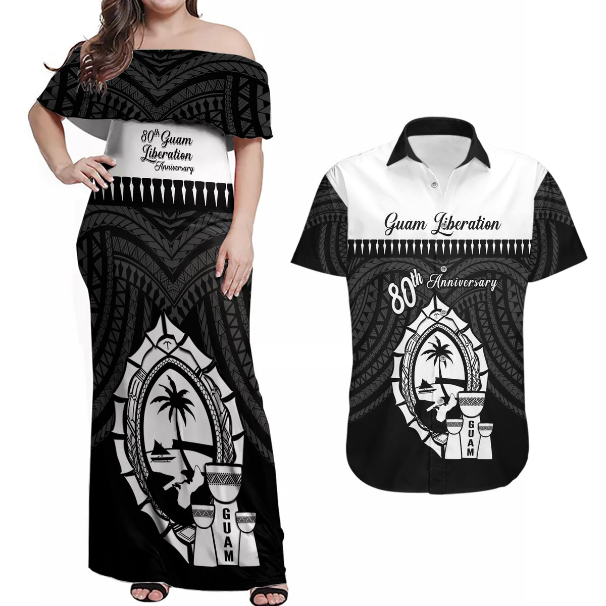 Guam Liberation Day Couples Matching Off Shoulder Maxi Dress and Hawaiian Shirt Biba Guahan Chamorro 80th Anniversary - Black LT14 Black - Polynesian Pride