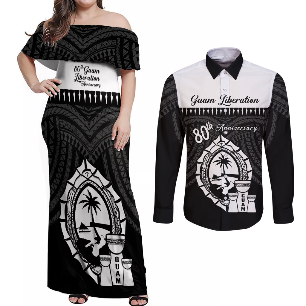 Guam Liberation Day Couples Matching Off Shoulder Maxi Dress and Long Sleeve Button Shirt Biba Guahan Chamorro 80th Anniversary - Black LT14 Black - Polynesian Pride