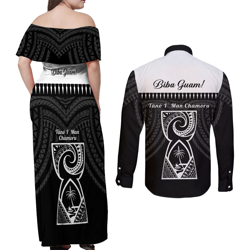 Guam Liberation Day Couples Matching Off Shoulder Maxi Dress and Long Sleeve Button Shirt Biba Guahan Chamorro 80th Anniversary - Black LT14 - Polynesian Pride