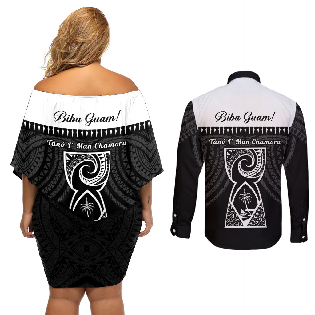Guam Liberation Day Couples Matching Off Shoulder Short Dress and Long Sleeve Button Shirt Biba Guahan Chamorro 80th Anniversary - Black LT14 - Polynesian Pride