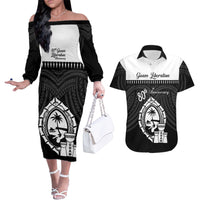 Guam Liberation Day Couples Matching Off The Shoulder Long Sleeve Dress and Hawaiian Shirt Biba Guahan Chamorro 80th Anniversary - Black LT14 Black - Polynesian Pride