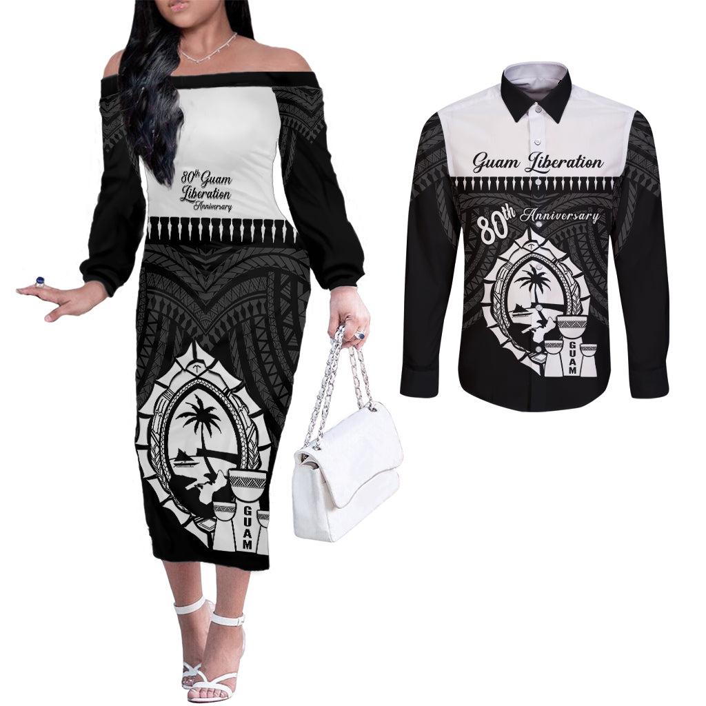 Guam Liberation Day Couples Matching Off The Shoulder Long Sleeve Dress and Long Sleeve Button Shirt Biba Guahan Chamorro 80th Anniversary - Black LT14 Black - Polynesian Pride