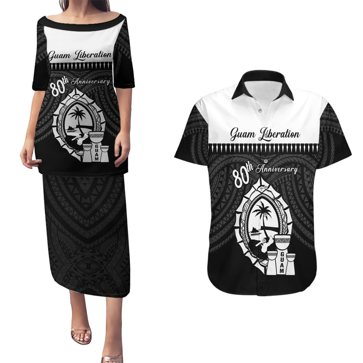 Guam Liberation Day Couples Matching Puletasi and Hawaiian Shirt Biba Guahan Chamorro 80th Anniversary - Black LT14 Black - Polynesian Pride
