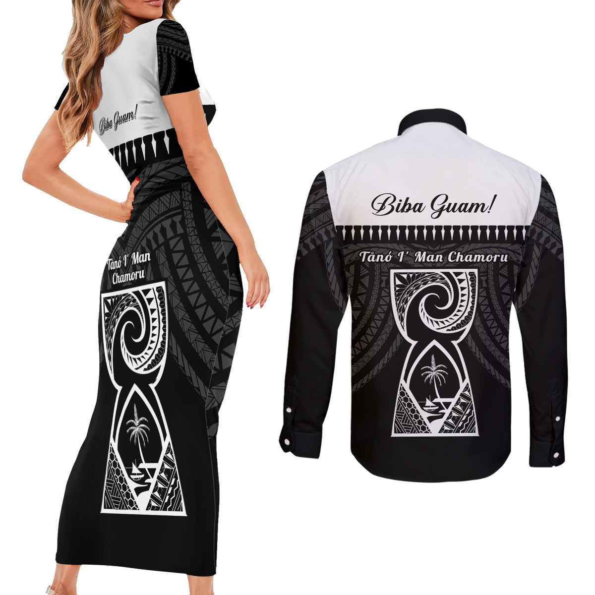 Guam Liberation Day Couples Matching Short Sleeve Bodycon Dress and Long Sleeve Button Shirt Biba Guahan Chamorro 80th Anniversary - Black LT14 - Polynesian Pride