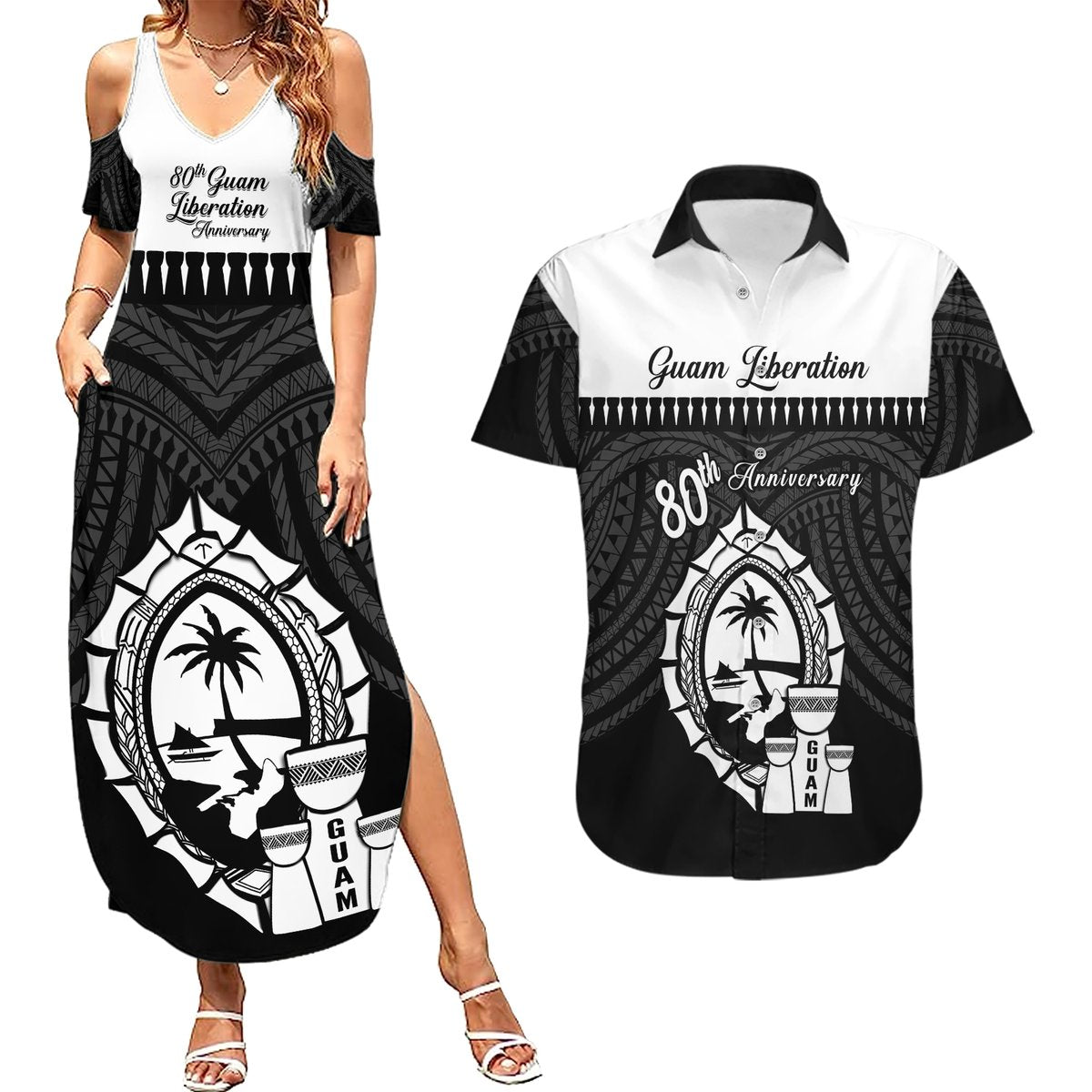 Guam Liberation Day Couples Matching Summer Maxi Dress and Hawaiian Shirt Biba Guahan Chamorro 80th Anniversary - Black LT14 Black - Polynesian Pride