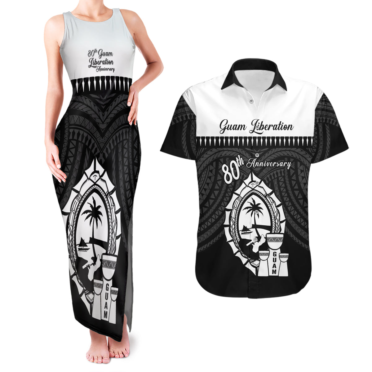 Guam Liberation Day Couples Matching Tank Maxi Dress and Hawaiian Shirt Biba Guahan Chamorro 80th Anniversary - Black LT14 Black - Polynesian Pride