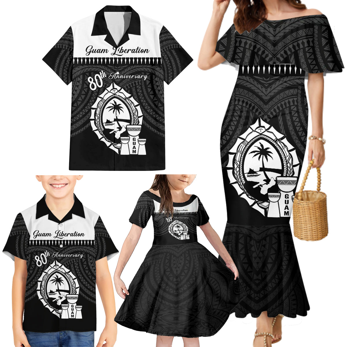 Guam Liberation Day Family Matching Mermaid Dress and Hawaiian Shirt Biba Guahan Chamorro 80th Anniversary - Black LT14 - Polynesian Pride