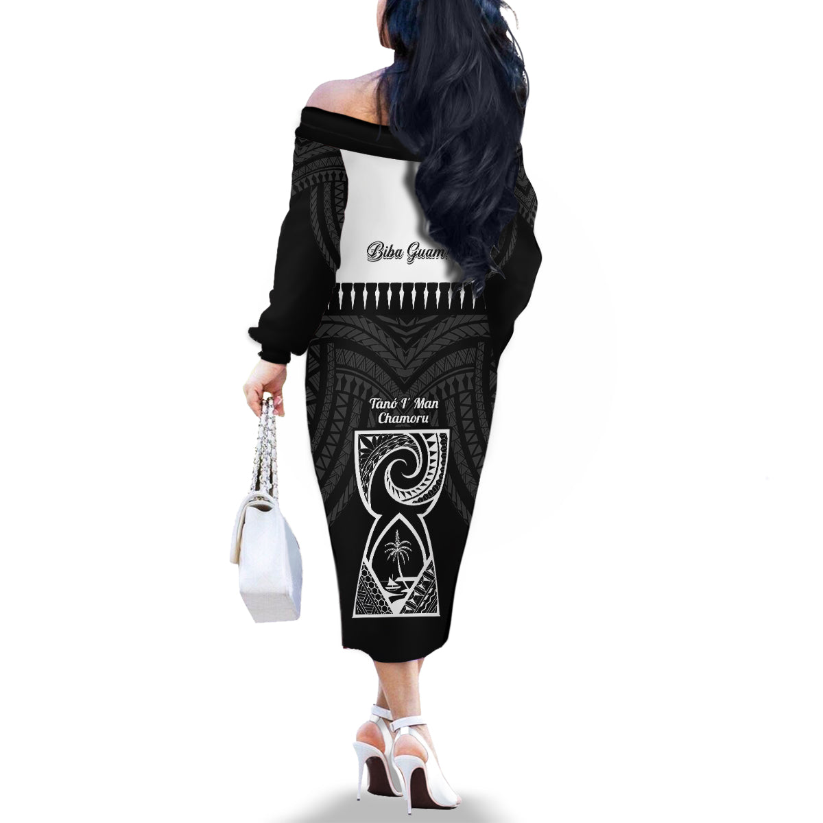 Guam Liberation Day Family Matching Off The Shoulder Long Sleeve Dress and Hawaiian Shirt Biba Guahan Chamorro 80th Anniversary - Black LT14 - Polynesian Pride