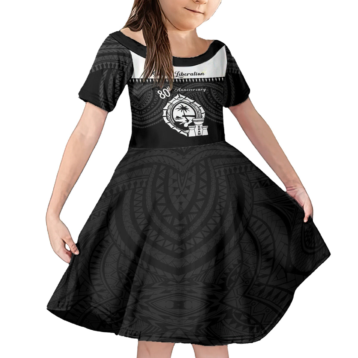 Guam Liberation Day Family Matching Off Shoulder Maxi Dress and Hawaiian Shirt Biba Guahan Chamorro 80th Anniversary - Black LT14 Daughter's Dress Black - Polynesian Pride