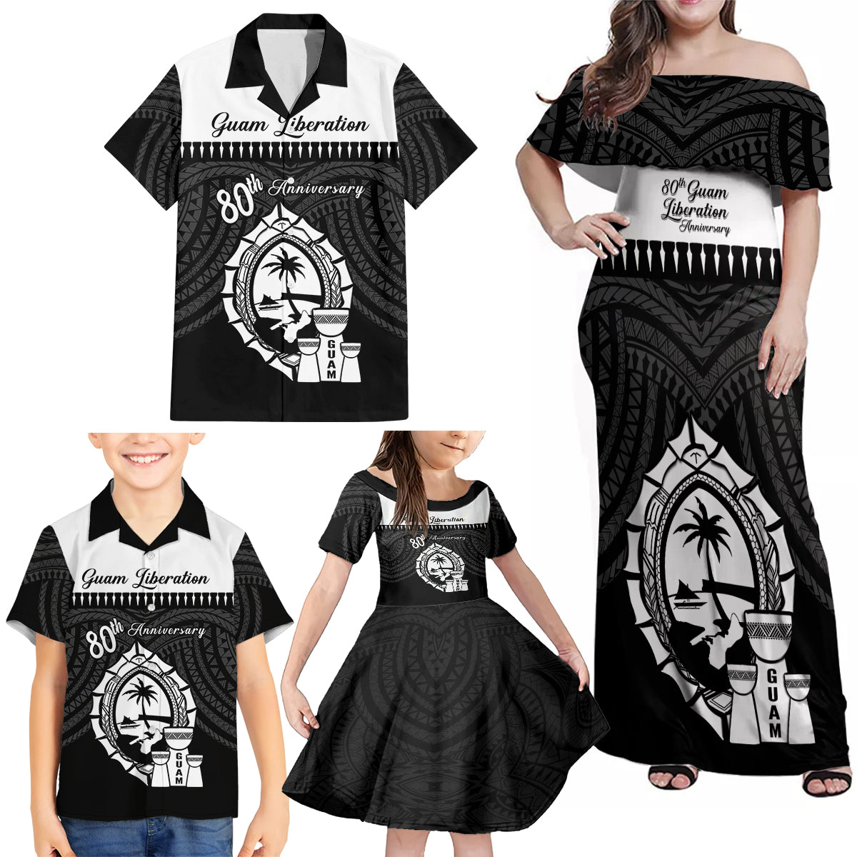 Guam Liberation Day Family Matching Off Shoulder Maxi Dress and Hawaiian Shirt Biba Guahan Chamorro 80th Anniversary - Black LT14 - Polynesian Pride