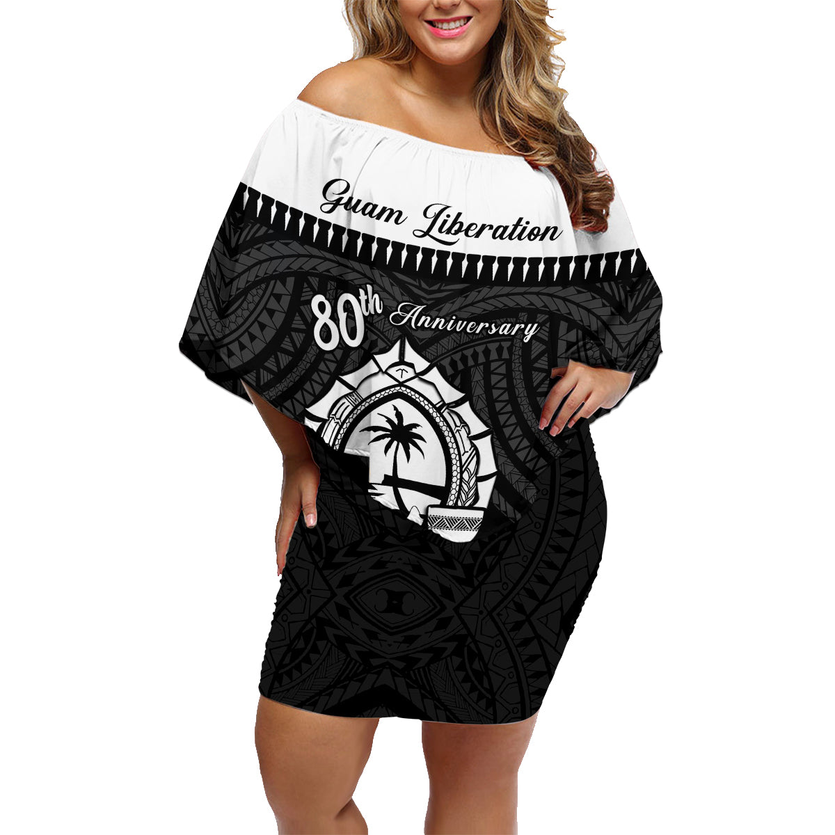 Guam Liberation Day Family Matching Off Shoulder Short Dress and Hawaiian Shirt Biba Guahan Chamorro 80th Anniversary - Black LT14 Mom's Dress Black - Polynesian Pride
