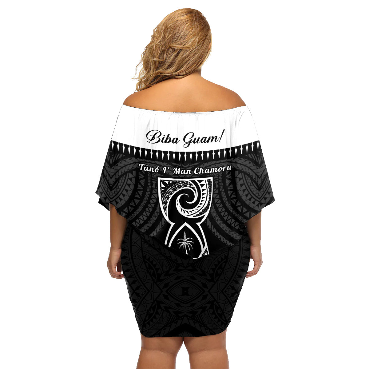 Guam Liberation Day Family Matching Off Shoulder Short Dress and Hawaiian Shirt Biba Guahan Chamorro 80th Anniversary - Black LT14 - Polynesian Pride
