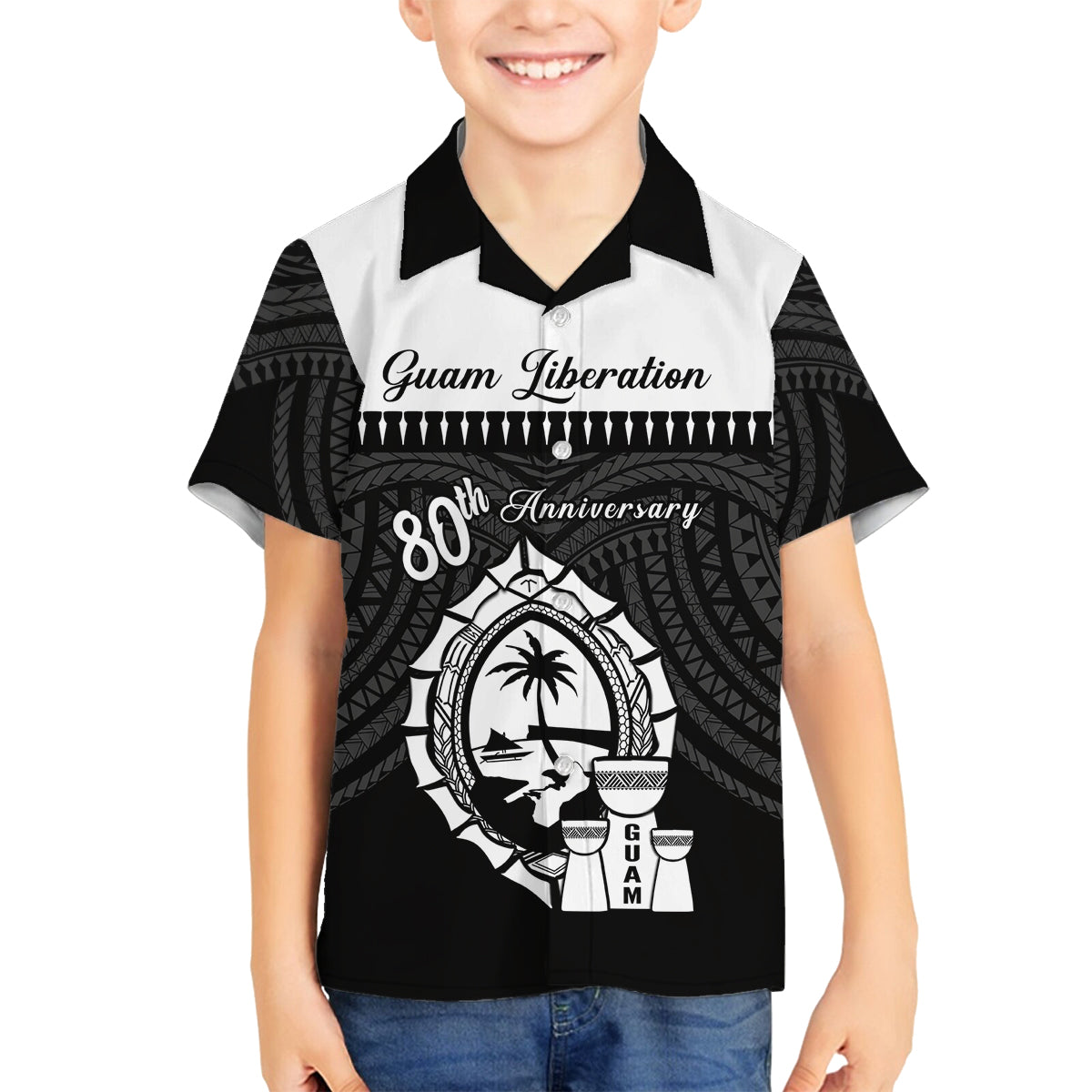 Guam Liberation Day Family Matching Off Shoulder Short Dress and Hawaiian Shirt Biba Guahan Chamorro 80th Anniversary - Black LT14 Son's Shirt Black - Polynesian Pride