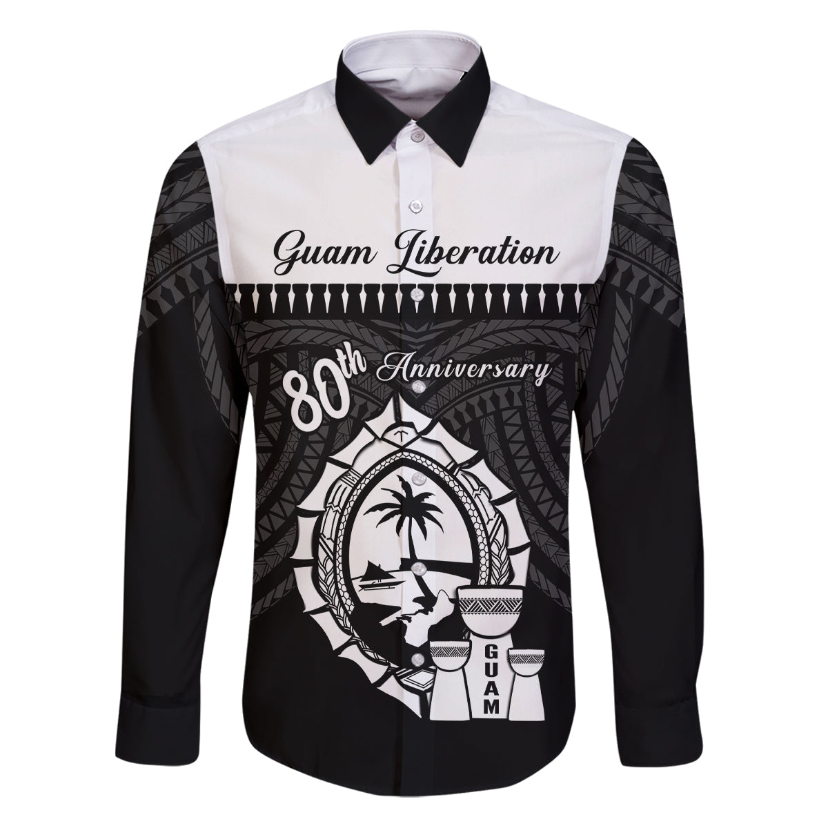 Guam Liberation Day Family Matching Puletasi and Hawaiian Shirt Biba Guahan Chamorro 80th Anniversary - Black LT14 Dad's Shirt - Long Sleeve Black - Polynesian Pride