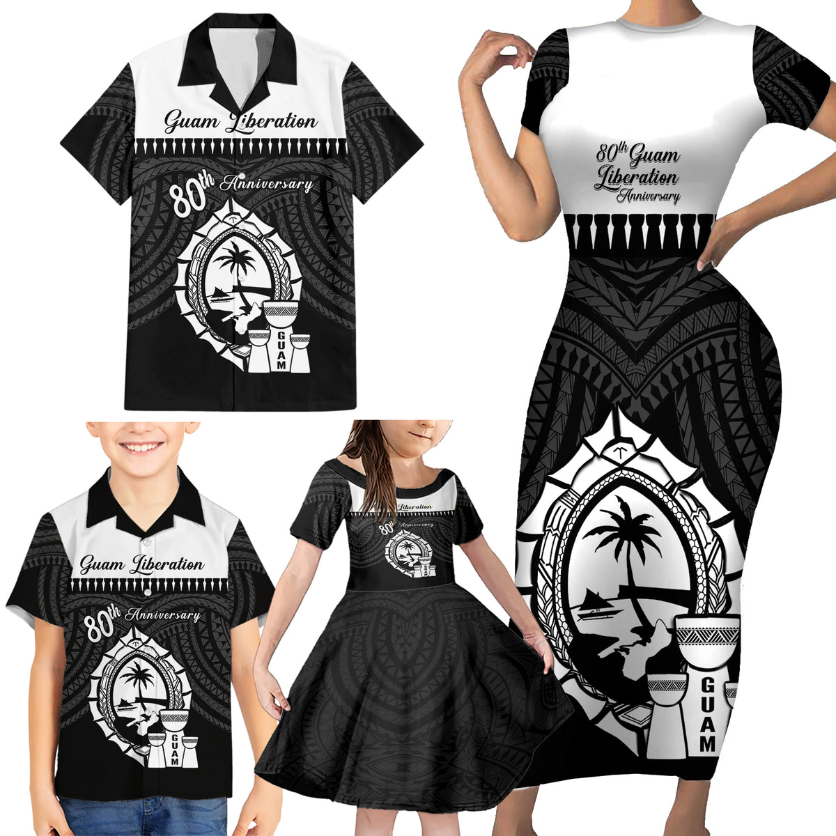 Guam Liberation Day Family Matching Short Sleeve Bodycon Dress and Hawaiian Shirt Biba Guahan Chamorro 80th Anniversary - Black LT14 - Polynesian Pride