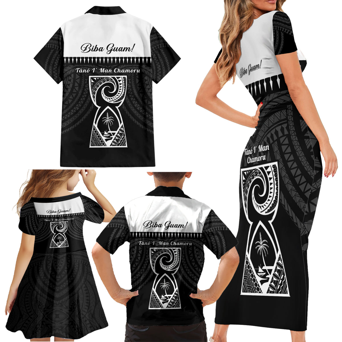 Guam Liberation Day Family Matching Short Sleeve Bodycon Dress and Hawaiian Shirt Biba Guahan Chamorro 80th Anniversary - Black LT14 - Polynesian Pride