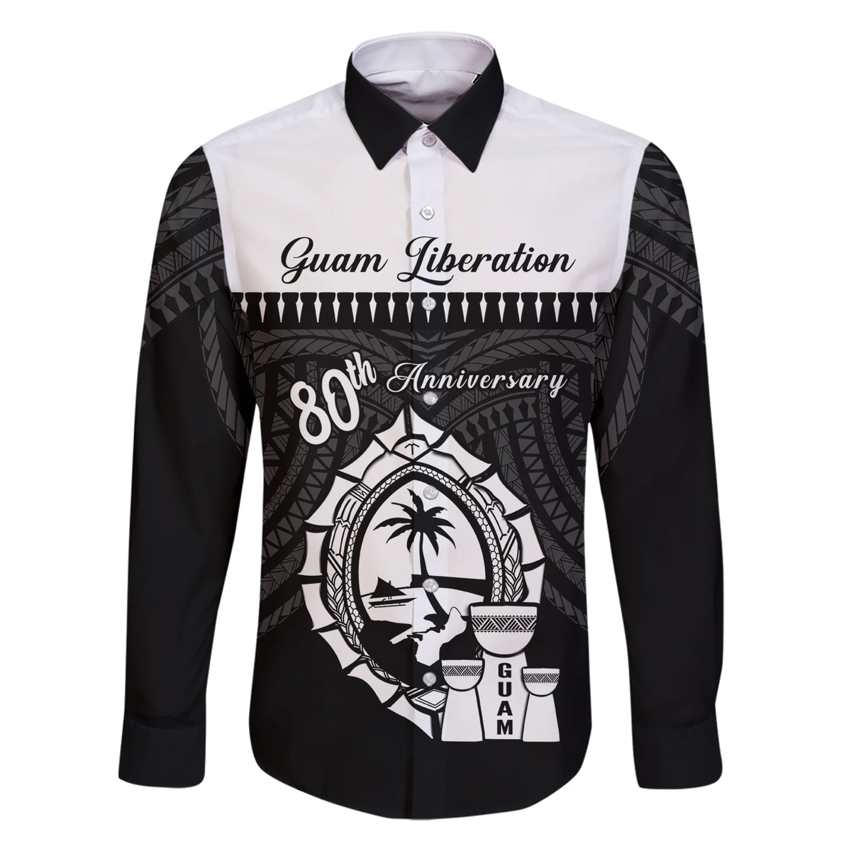 Guam Liberation Day Family Matching Short Sleeve Bodycon Dress and Hawaiian Shirt Biba Guahan Chamorro 80th Anniversary - Black LT14 Dad's Shirt - Long Sleeve Black - Polynesian Pride