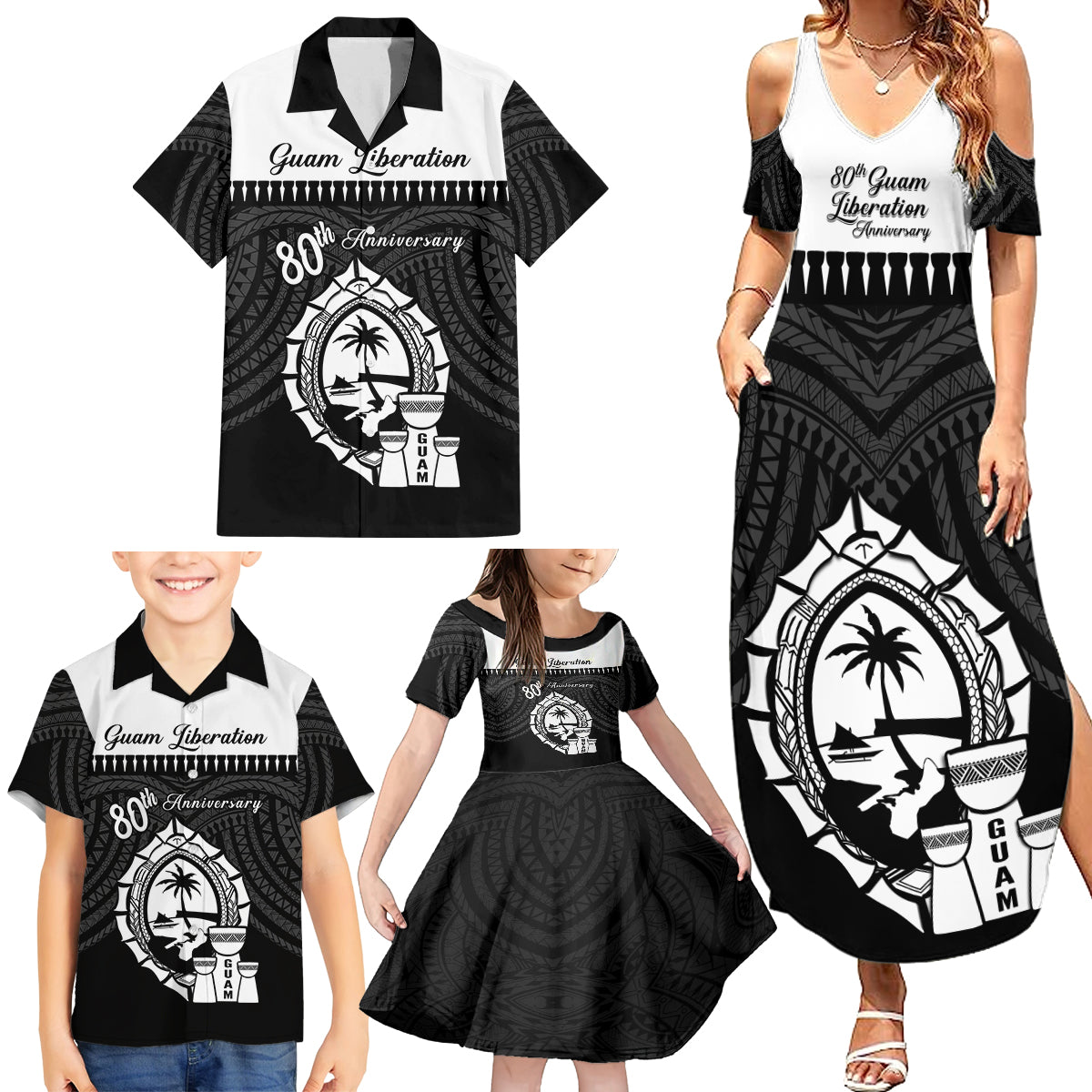 Guam Liberation Day Family Matching Summer Maxi Dress and Hawaiian Shirt Biba Guahan Chamorro 80th Anniversary - Black LT14 - Polynesian Pride