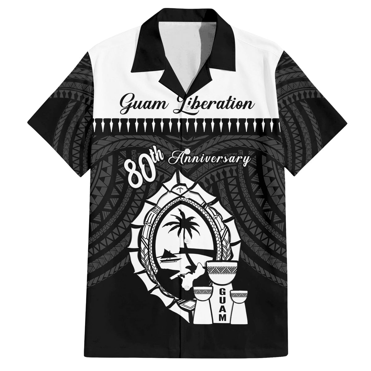 Guam Liberation Day Family Matching Summer Maxi Dress and Hawaiian Shirt Biba Guahan Chamorro 80th Anniversary - Black LT14 Dad's Shirt - Short Sleeve Black - Polynesian Pride