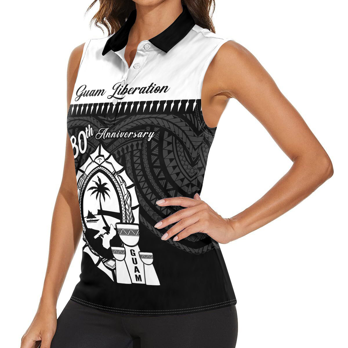 Guam Liberation Day Women Sleeveless Polo Shirt Biba Guahan Chamorro 80th Anniversary - Black LT14 - Polynesian Pride