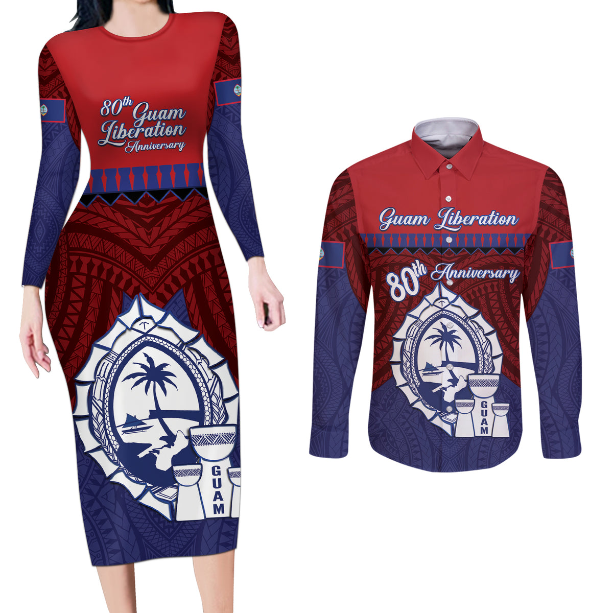 Guam Liberation Day Couples Matching Long Sleeve Bodycon Dress and Long Sleeve Button Shirt Biba Guahan Chamorro 80th Anniversary - Blue LT14 Blue - Polynesian Pride