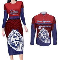 Guam Liberation Day Couples Matching Long Sleeve Bodycon Dress and Long Sleeve Button Shirt Biba Guahan Chamorro 80th Anniversary - Blue LT14 Blue - Polynesian Pride