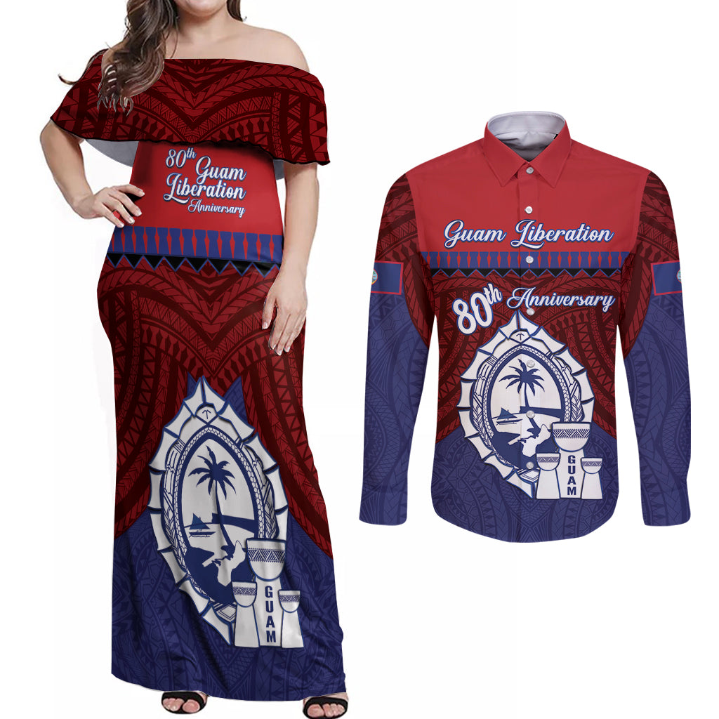 Guam Liberation Day Couples Matching Off Shoulder Maxi Dress and Long Sleeve Button Shirt Biba Guahan Chamorro 80th Anniversary - Blue LT14 Blue - Polynesian Pride