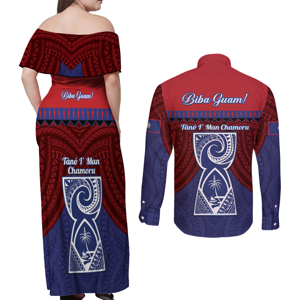 Guam Liberation Day Couples Matching Off Shoulder Maxi Dress and Long Sleeve Button Shirt Biba Guahan Chamorro 80th Anniversary - Blue LT14 - Polynesian Pride