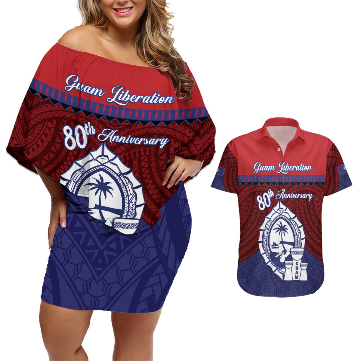 Guam Liberation Day Couples Matching Off Shoulder Short Dress and Hawaiian Shirt Biba Guahan Chamorro 80th Anniversary - Blue LT14 Blue - Polynesian Pride