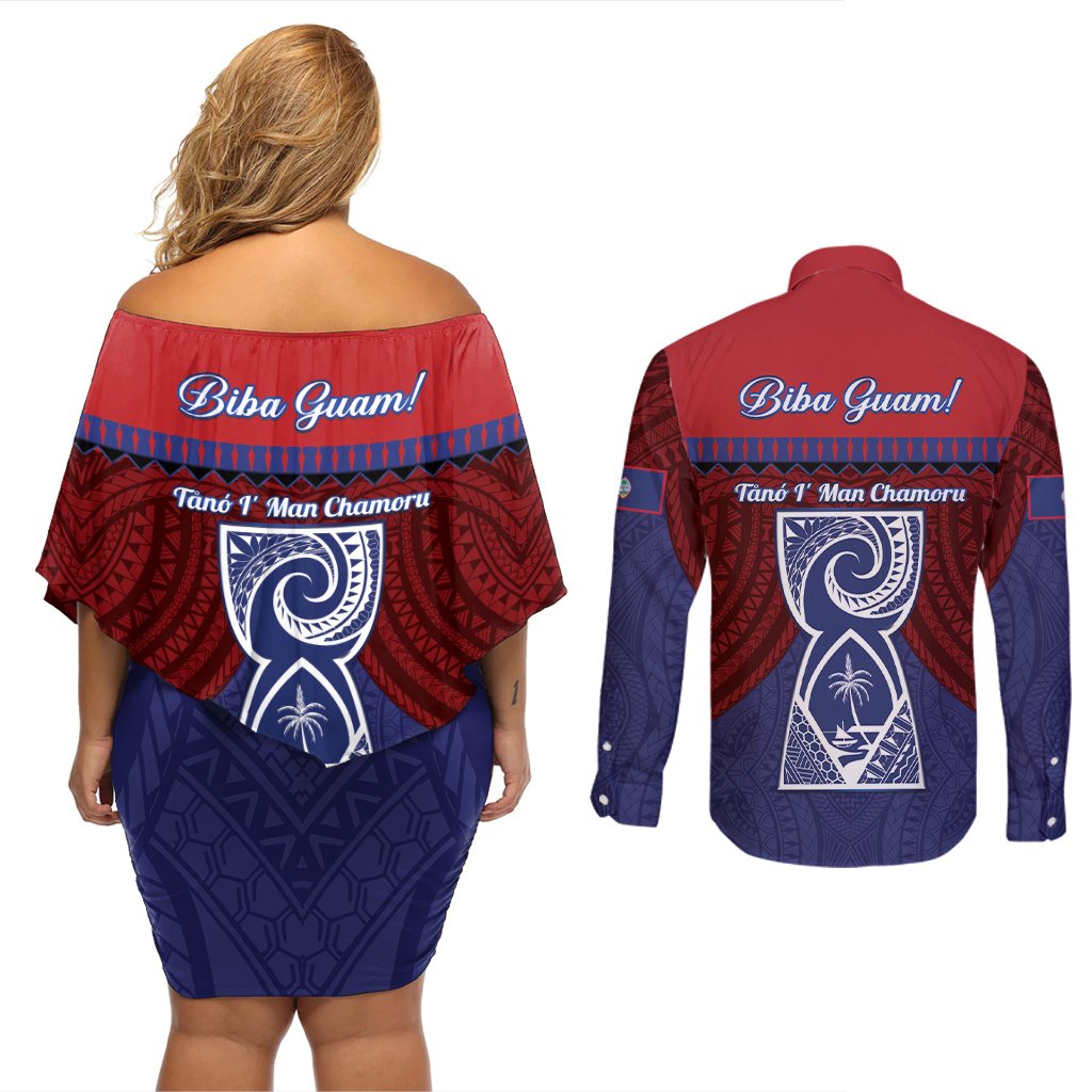 Guam Liberation Day Couples Matching Off Shoulder Short Dress and Long Sleeve Button Shirt Biba Guahan Chamorro 80th Anniversary - Blue LT14 - Polynesian Pride