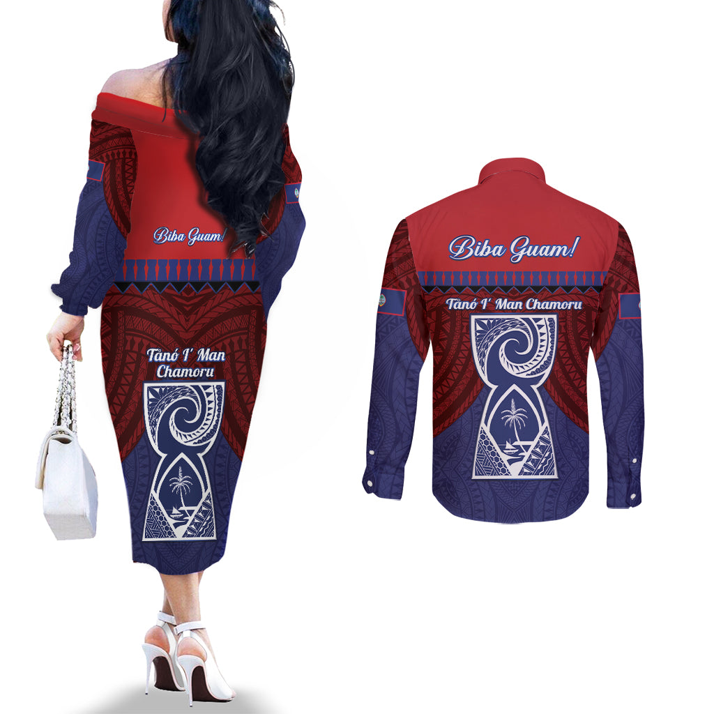 Guam Liberation Day Couples Matching Off The Shoulder Long Sleeve Dress and Long Sleeve Button Shirt Biba Guahan Chamorro 80th Anniversary - Blue LT14 - Polynesian Pride
