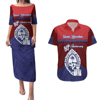 Guam Liberation Day Couples Matching Puletasi and Hawaiian Shirt Biba Guahan Chamorro 80th Anniversary - Blue LT14 Blue - Polynesian Pride
